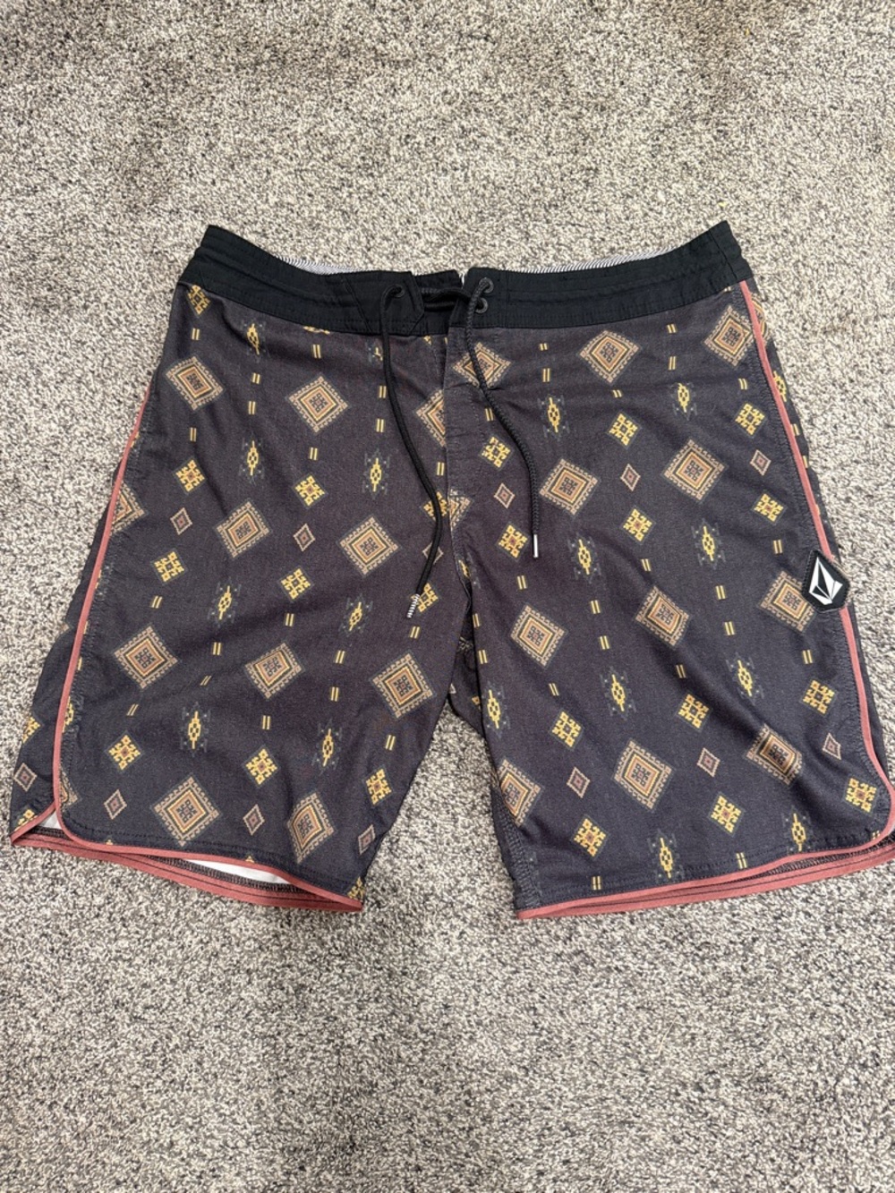 Volcom Black Swim Board Shorts with Rust Trim and Gold Pattern size 33